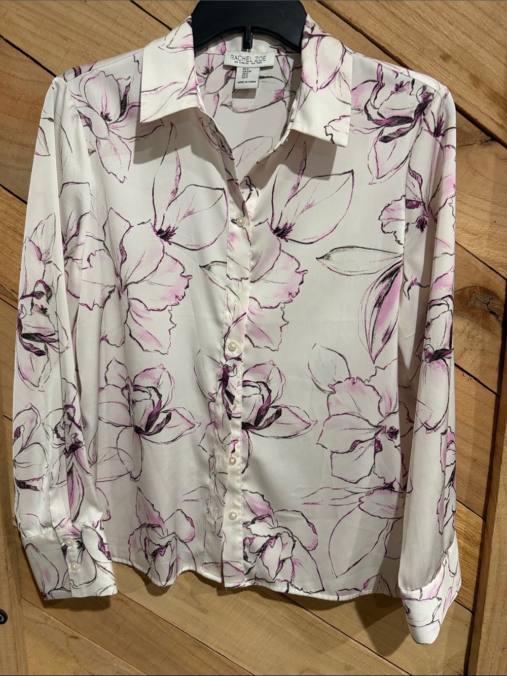 Rachel Zoe Cream Floral Button-Down Blouse with Pink and Purple Sketch Print